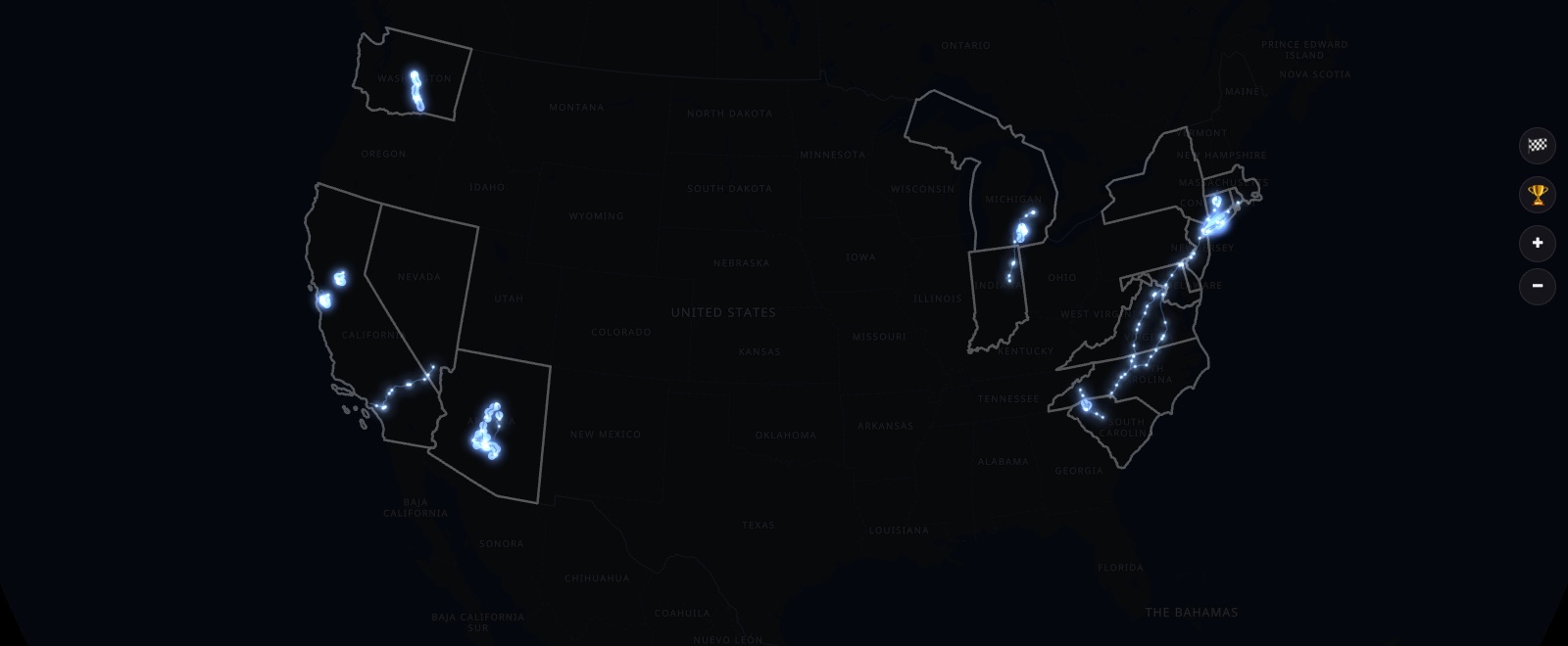 The FSD Community Map with lit roads across the United States